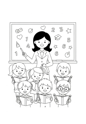 A cheerful teacher standing at a chalkboard filled with educational symbols and surrounded by happy students holding books and pencils