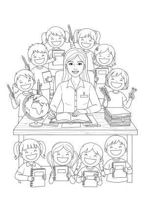 A joyful teacher sitting at a desk with open books, a globe, and a stack of papers, while students gather around with smiley faces and learning materials