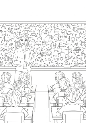 A cheerful teacher standing at a chalkboard filled with geometric shapes and equations, surrounded by eager students in a classroom setting