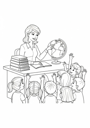 A teacher sitting at a desk with a stack of books, pointing to a globe while children attentively listen and raise their hands