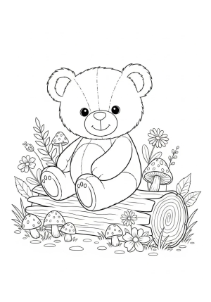 A cute teddy bear sitting on a woodland log surrounded by flowers and mushrooms with a gentle smile