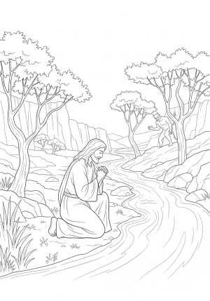 Jesus in the wilderness, kneeling in prayer near a flowing river, with the devil subtly present in the background, amidst sparse trees and rocky terrain