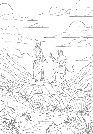 A detailed scene depicting Jesus standing on a rocky hilltop, surrounded by wilderness, with the devil offering him a tempting object nearby under a cloudy sky