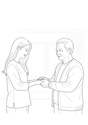 A depiction of a person respectfully honoring their parents through a gentle gesture and warm surroundings.