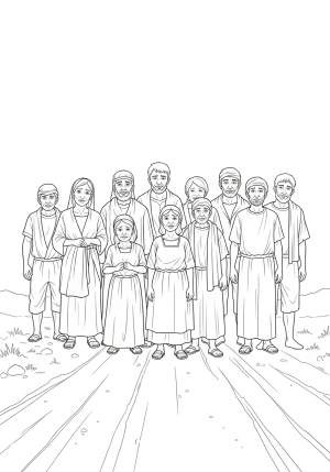 A detailed scene depicting ten lepers standing together on a dusty path, with expressive faces showing hope and longing, in a realistic style.