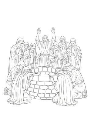 An illustration of ten lepers gathered around a well, some with their hands raised in gratitude and others with solemn expressions, in a detailed black and white line art style.