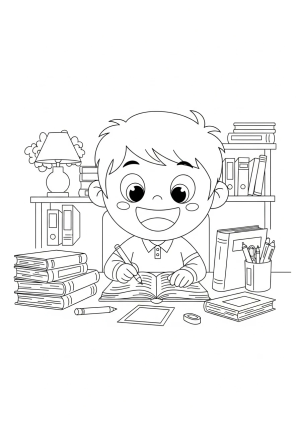 A cheerful cartoon character studying at a desk surrounded by books and stationery.