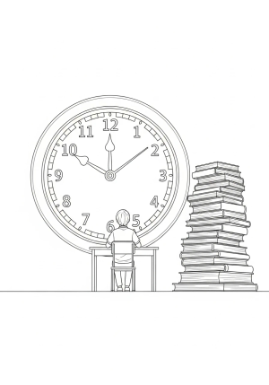 An imaginative scene of a student sitting at a desk with a giant clock and a stack of textbooks nearby.