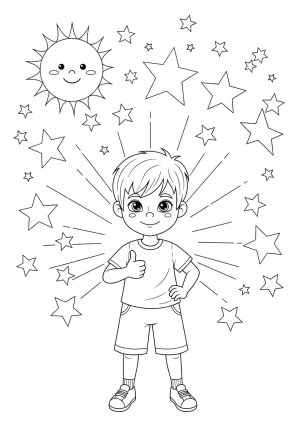 A confident child standing proudly with a thumbs-up gesture, surrounded by stars and a smiling sun in the background