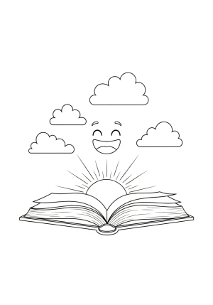 An open book with a bright light shining from inside, accompanied by cheerful clouds and a happy face