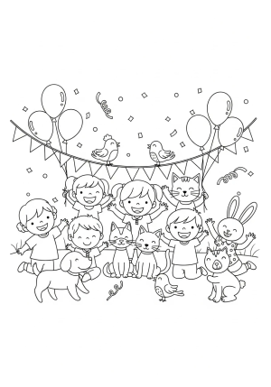 A cheerful scene of children and animals gathered together with smiling faces, surrounded by festive confetti and balloons