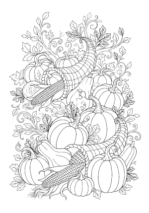 A detailed autumn harvest scene with pumpkins, cornucopia, and falling leaves intertwined with intricate patterns suitable for adult coloring pages