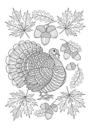 An elegant and ornate arrangement of Thanksgiving-themed symbols such as turkeys, maple leaves, and acorns elaborately designed with decorative motifs