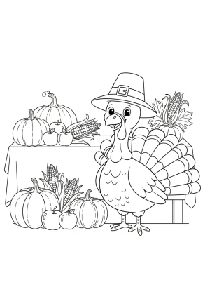 A friendly turkey wearing a pilgrim hat standing beside a bountiful harvest table with pumpkins, corn, and apples.