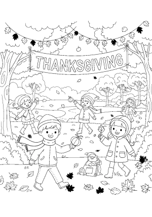 A group of cheerful children wearing autumn-themed clothing and playing in a park filled with falling leaves and a large Thanksgiving banner hanging in the background.