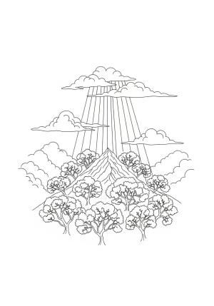 A depiction of a radiant heavenly light shining down through clouds onto a mountain top surrounded by blooming trees, representing divine presence and hope