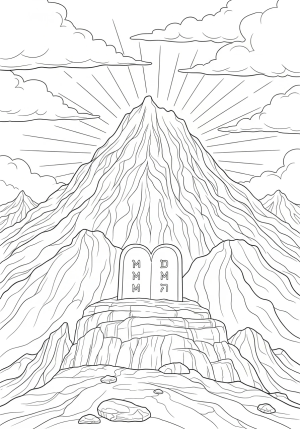 A detailed illustration of Mount Sinai with the Ten Commandments tablets resting on a rocky ledge, surrounded by clouds and rays of light.