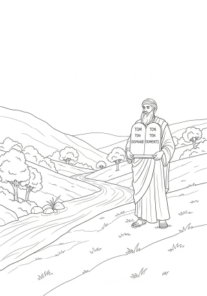A peaceful scene of Moses holding the two stone tablets with the Ten Commandments engravings, standing on a hill with a flowing river and trees in the background.