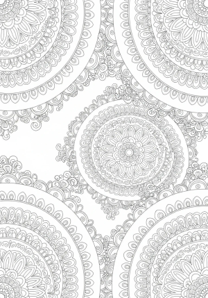 Calming mandala pattern composed of layered circular motifs with delicate swirls, paisleys, and repetitive botanical elements