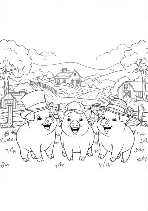 Three pigs wearing hats and playing in a lush farmyard with a cozy house in the background