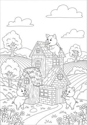 The three pigs building their houses with different materials, set in a cheerful countryside scene