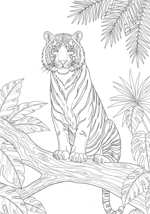 A majestic tiger sitting proudly on a jungle branch with detailed fur patterns and surrounding tropical leaves.