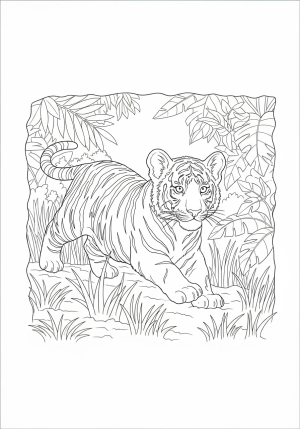 A playful tiger cub frolicking through tall grass in a dense jungle, with intricate jungle foliage in the background.