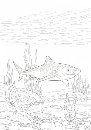 A realistic tiger shark gliding gracefully through the ocean, surrounded by seaweed and rocky underwater terrain