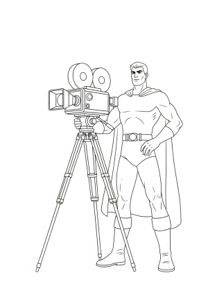 A towering titan cameraman hero standing confidently while holding a large vintage camera on a sturdy tripod.