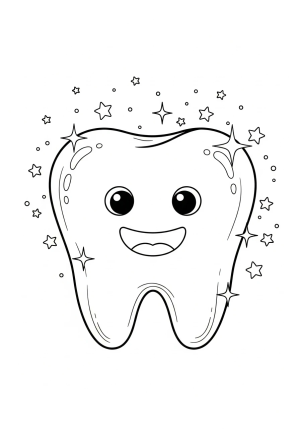 A smiling cartoon tooth with cute eyes and a shiny surface, surrounded by small stars and sparkles.