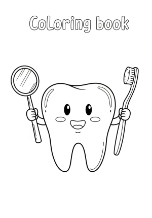 A playful illustration of a tooth character wearing a dentist's mirror and toothbrush, with a cheerful expression and a friendly pose.
