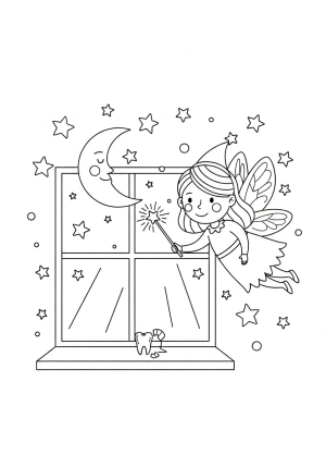 A playful illustration of a friendly tooth fairy with a sparkling wand, surrounded by stars and moon, ready to collect a lost tooth from a child's windowsill