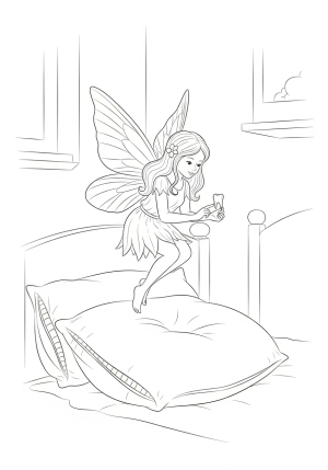A whimsical scene of a fairy with delicate wings gently holding a tiny tooth and floating above a child's pillow in a magical bedroom