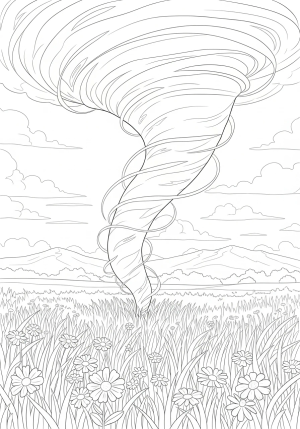 A tall tornado twisting through a field of wildflowers and grass, with a distant mountain range in the background