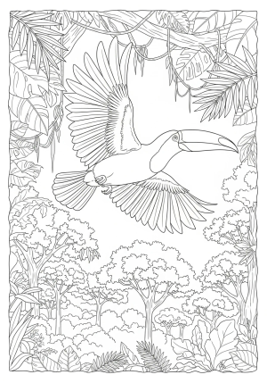 A graceful toucan soaring through a dense jungle canopy with intricate foliage and scattered trees below