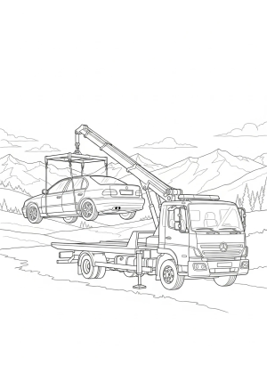A tow truck lifting a car onto its flatbed with a scenic mountain landscape in the distance