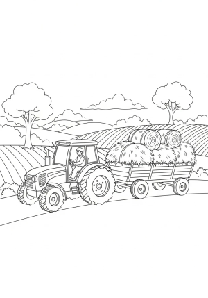 A playful illustration of a tractor pulling a wagon filled with hay through a rural countryside setting