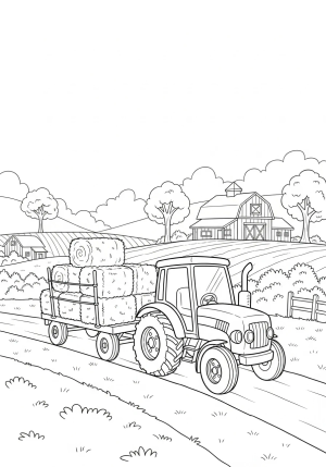 A whimsical cartoon-style tractor pulling a load of hay bales through a rural landscape with trees and a barn in the background.