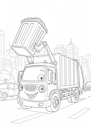 A friendly trash truck with smiling eyes lifting a large garbage bin in a busy city street scene