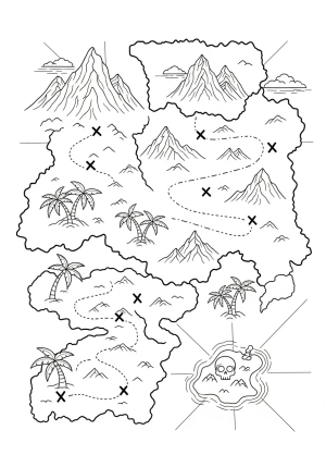 A detailed treasure map featuring winding paths, dotted trails, hidden X marks, and surrounding symbols like palm trees, mountains, and a skull island.