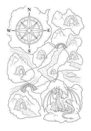 An adventurous treasure map with a large compass rose, secret caves, bridges over rivers, and a legendary dragon guarding the hidden treasure location.