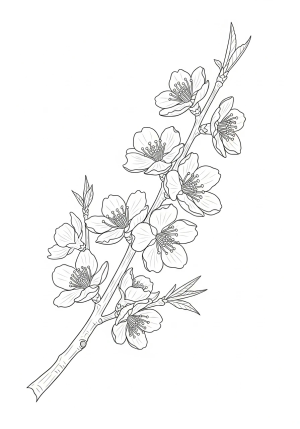 A detailed scene of a blooming almond tree branch with blossoms and budding leaves, symbolizing Tu Bishvat.