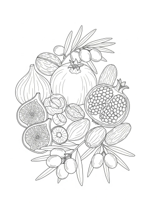 A delightful arrangement of various fruits and nuts native to Israel, such as figs, pomegranates, dates, and olives, displayed artistically.