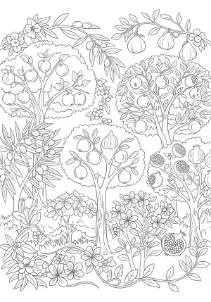 A detailed illustration of a lush garden filled with fruit-bearing trees, vines, and blooming flowers representing the festival of Tu B'Shvat