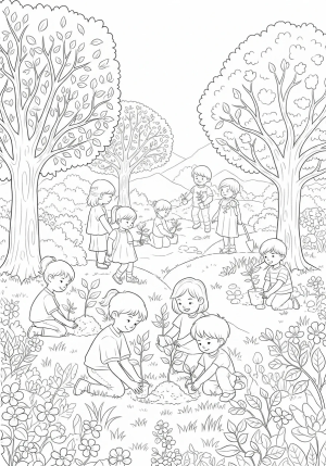 A peaceful scene of children planting saplings in a community orchard surrounded by various types of trees and nature elements