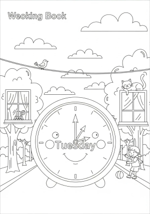 A cheerful weekday scene featuring a smiling clock showing Tuesday with a background of clouds and a tree-lined street, filled with playful details.