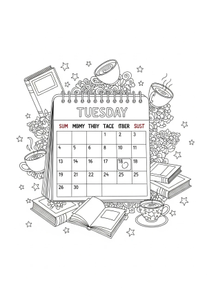 A whimsical illustration of a calendar page highlighting Tuesday, surrounded by coffee cups, books, and little scattered stars, with intricate patterns for shading.