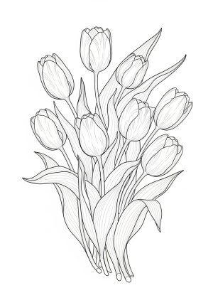 A detailed illustration of a cluster of tulips with their stems and leaves swirling gracefully in the breeze