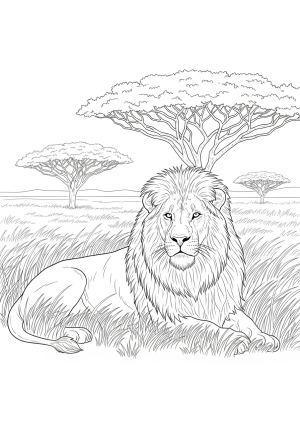 A detailed line drawing of a majestic lion resting in the savannah with tall grasses and acacia trees in the background