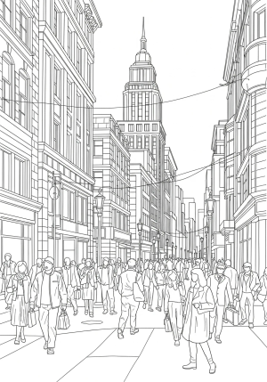 An intricate illustration of a bustling city street scene with buildings, streetlights, and pedestrians in motion